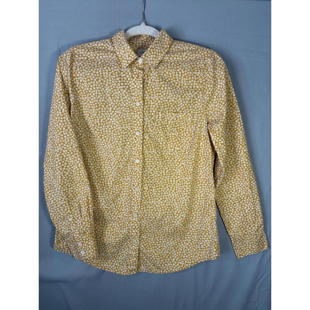 J. Crew Womens Mustard Yellow Floral Print Shirt sz S Button Up Preppy Classic